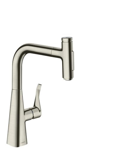 Steel Optic pull-out kitchen faucet with high curved spout and single lever handle.
