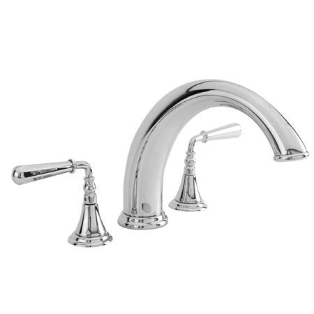 Satin nickel three-piece roman tub faucet with arched spout and two lever handles.
