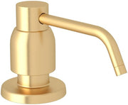 Satin English gold soap dispenser with cylindrical pump head and curved spout on round base.