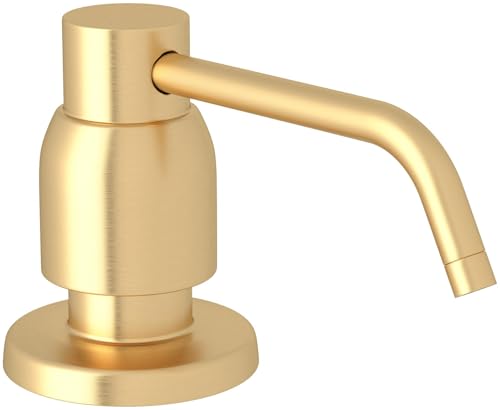 Satin English gold soap dispenser with cylindrical pump head and curved spout on round base.