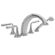 Polished nickel roman tub faucet with curved spout, hand shower, and lever handles.