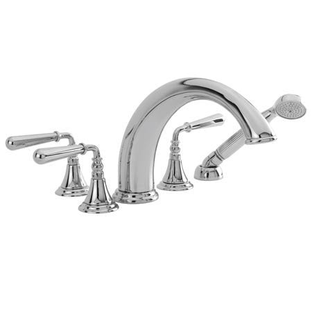 Polished nickel roman tub faucet with curved spout, hand shower, and lever handles.