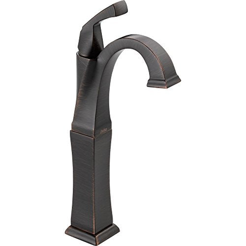 Bronze single-handle bathroom faucet with tall curved spout and rectangular base.
