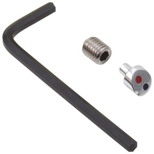Black curved handle with chrome set screw and button featuring red and blue indicators.