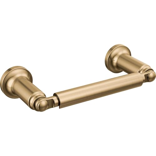 Brass tissue holder with cylindrical bar suspended between two round wall-mounted flanges with decorative details.