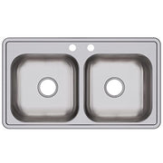 Stainless steel drop-in sink with two equal rectangular bowls and two faucet holes.