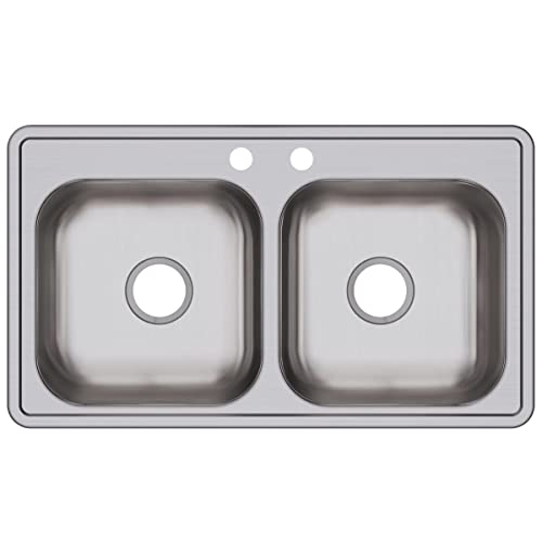 Stainless steel drop-in sink with two equal rectangular bowls and two faucet holes.