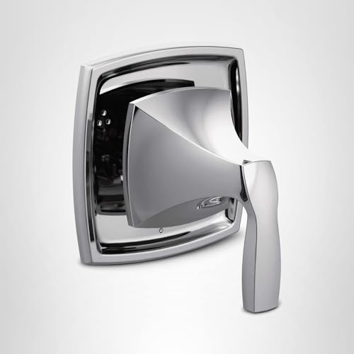Chrome shower valve trim kit with curved rectangular escutcheon plate and single lever handle for diverter control.