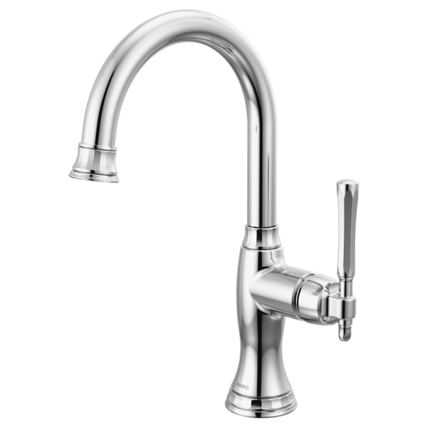 Chrome kitchen bar faucet with curved spout, single lever handle, and pulldown spray head.