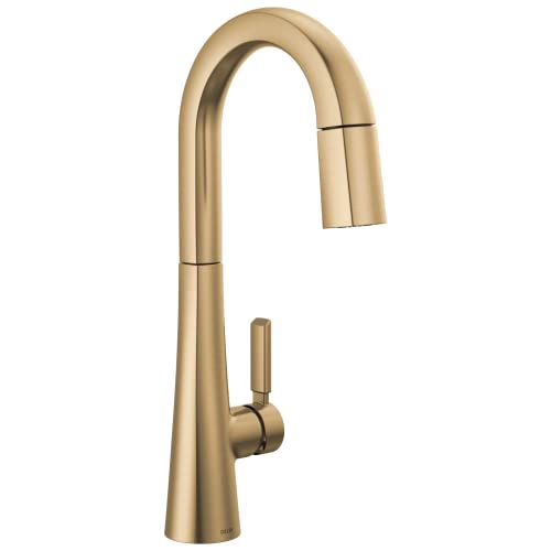 Champagne bronze single-handle pull-down faucet with curved spout and side lever control.