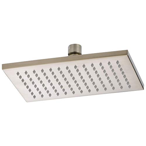 Rectangular brushed nickel raincan shower head with angled mounting arm and perforated spray face.