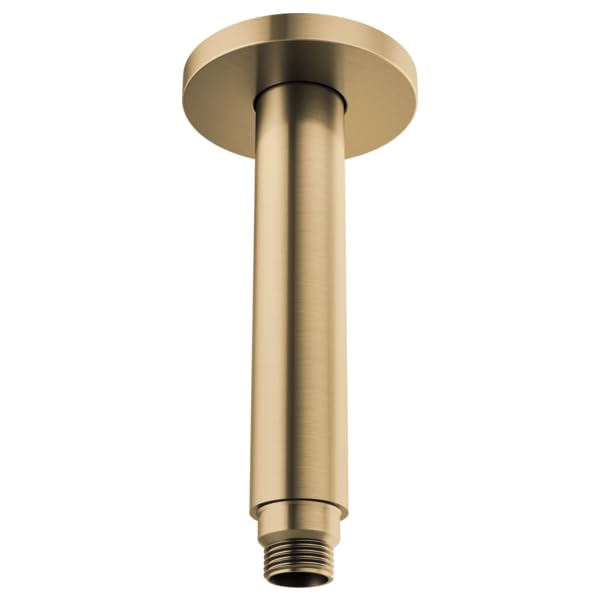 Brushed gold cylindrical ceiling mount shower arm with round flange and threaded connection.