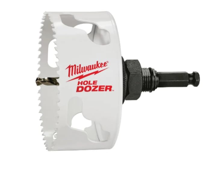 Milwaukee HOLE DOZER bi-metal hole saw with white cylindrical body, serrated edges, black shaft, and center drill bit.