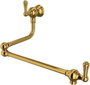 Unlacquered brass pot filler with articulating arm, wall-mounted with lever handle and spout.