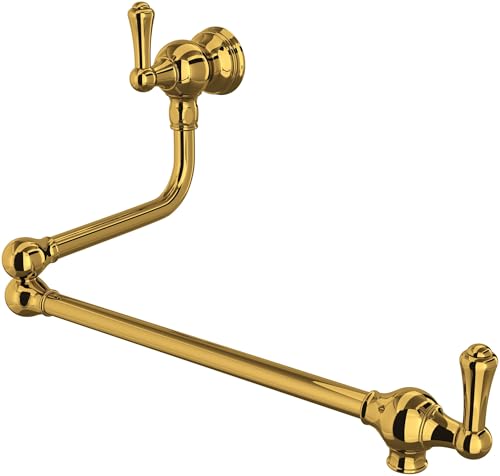 Unlacquered brass pot filler with articulating arm, wall-mounted with lever handle and spout.