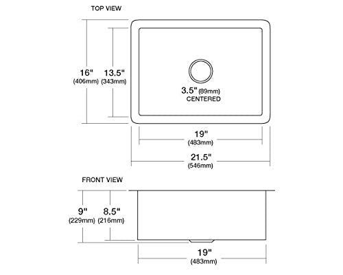 Brushed nickel rectangular kitchen sink with single centered drain hole, 21.5" wide x 16" deep, top and front view dimensions