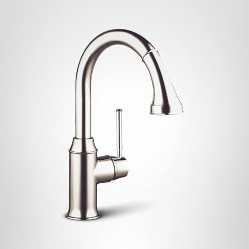 Polished nickel kitchen faucet with tall curved spout and pull-down spray head.