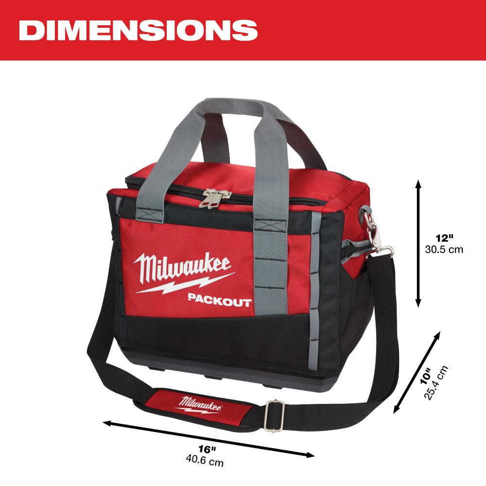 Red and black Milwaukee PACKOUT tool bag with gray handles and shoulder strap, dimensions 16" x 12" x 10".