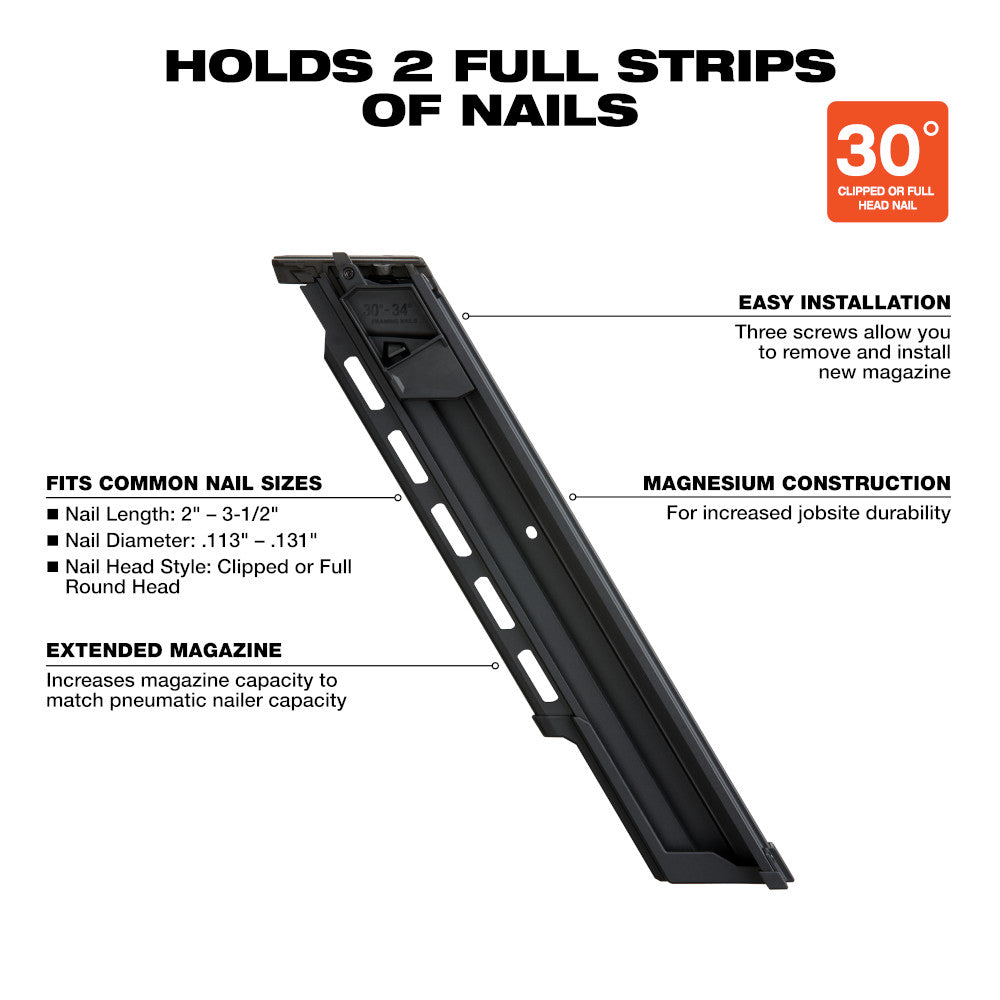 Black magnesium framing nailer magazine with extended capacity for 30-degree nails, holds two full strips.