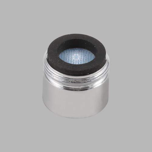 Chrome faucet aerator with black rubber ring and blue mesh screen insert.