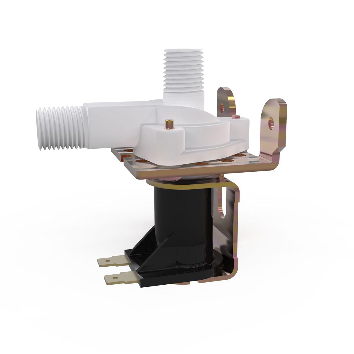 Elkay solenoid valve with white plastic body, brass mounting bracket, black coil housing, and threaded inlet connection.