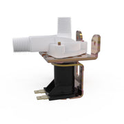Elkay solenoid valve with white plastic body, brass mounting bracket, black coil housing, and threaded inlet connection.