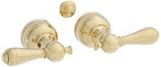 Polished brass lever door handles with round trim rings and decorative rosettes in a metallic gold finish.