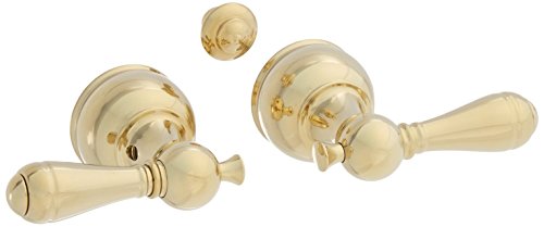 Polished brass lever door handles with round trim rings and decorative rosettes in a metallic gold finish.