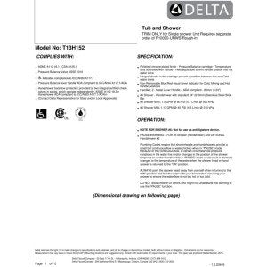 Chrome shower trim kit with Delta branding and installation specifications on white background.