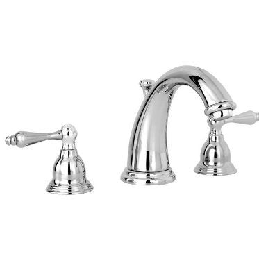 Polished nickel three-piece widespread lavatory faucet with curved spout and lever handles.