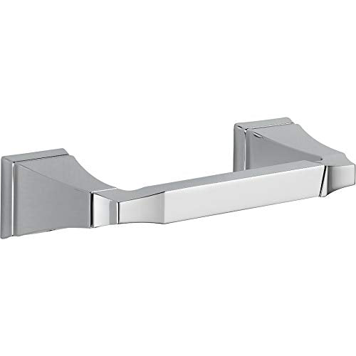 Brushed chrome tissue holder with angled end caps and horizontal bar mount.