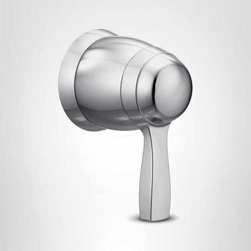 Chrome volume control valve trim with rounded cylindrical knob and lever handle against white background.