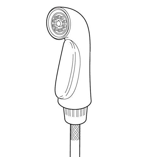 Stainless steel handheld showerhead with spray dial and curved handle attached to hose.
