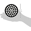 Chrome pipe hanger with perforated circular mounting plate and adjustable metal bracket.