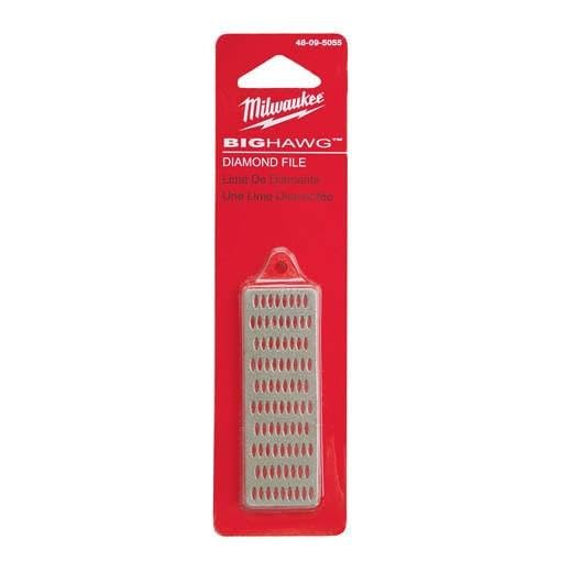 Milwaukee BIG HAWG diamond file with rectangular metal head and hanging loop on red packaging card.
