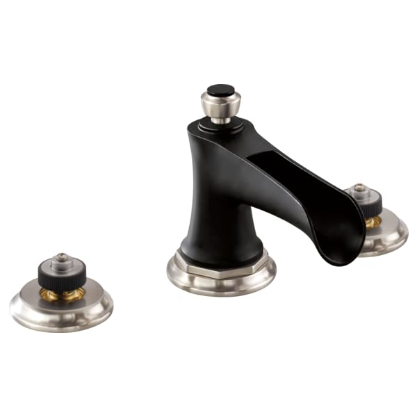 Black and brushed nickel widespread lavatory faucet with channel spout and two mounting bases shown separately.