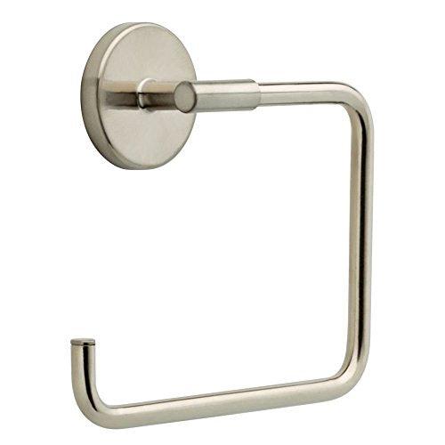Brushed nickel towel ring with circular wall mount and open rectangular loop design.