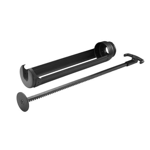 Black metal carriage conversion kit with cylindrical attachment on left and serrated rod with circular base and handle on rig