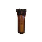 Tall cylindrical water conditioning system with black top cap and amber-colored transparent housing.