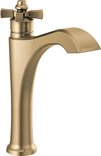 Brushed gold single-handle vessel faucet with cross handles and curved spout.