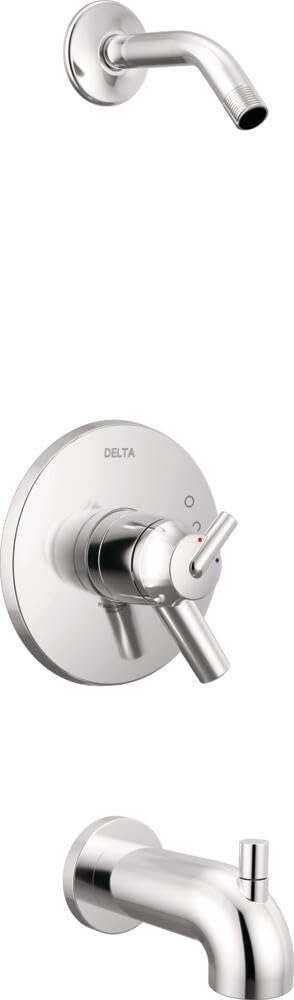 Chrome Delta Trinsic tub and shower trim with curved arm spout, round wall plate, and lever handles.