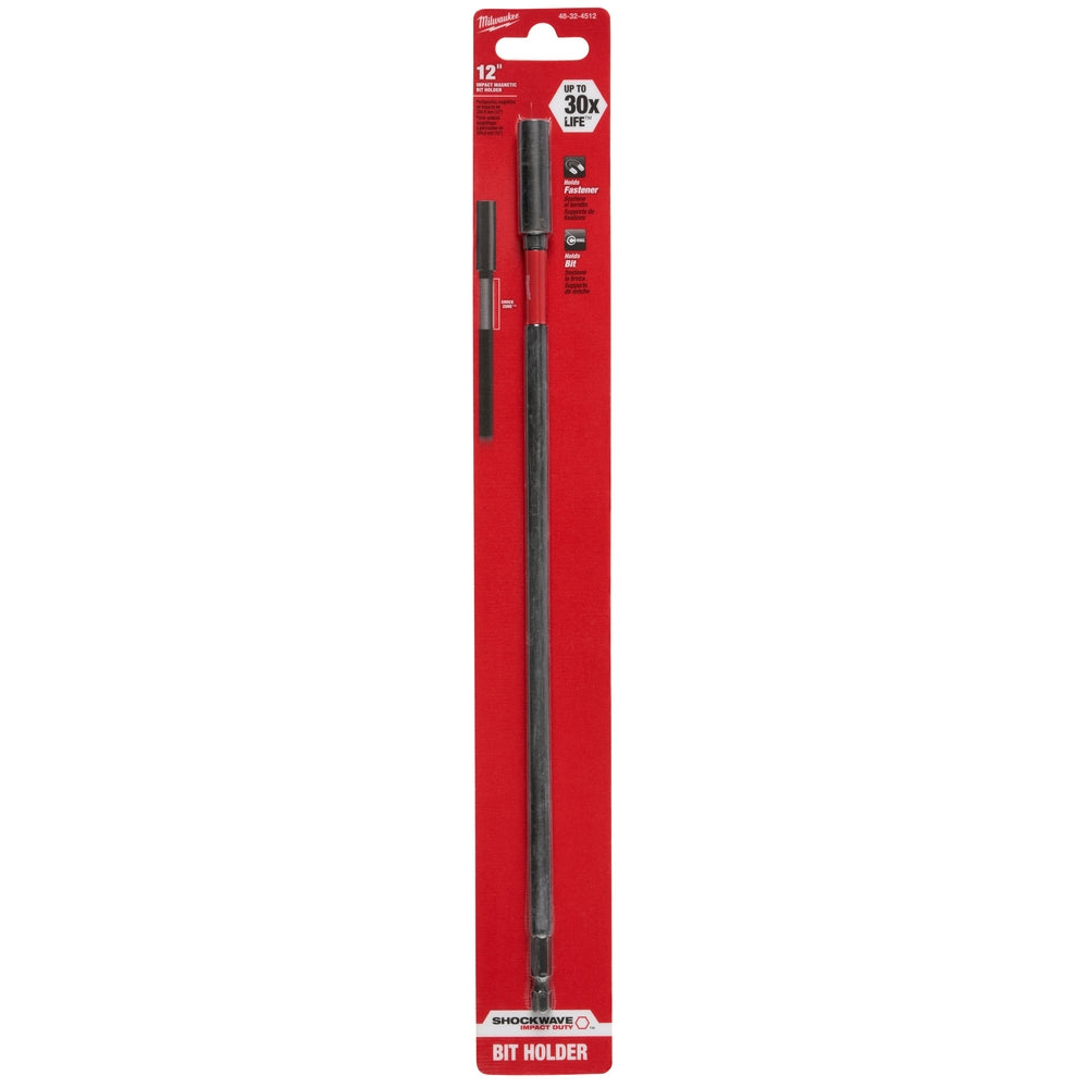 Milwaukee Shockwave conduit reaming bit holder with hex shank and grip sleeve on red packaging.