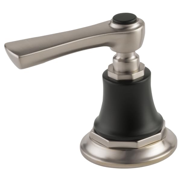 Brushed nickel lever handle with black accents and round base for Roman tub faucet installation.
