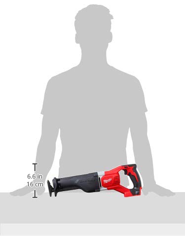 Red and black cordless reciprocating saw with measurement scale showing 6.6 inches length.