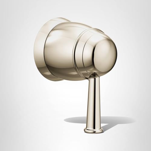 Polished nickel volume control valve trim with rounded handle and cylindrical escutcheon plate.