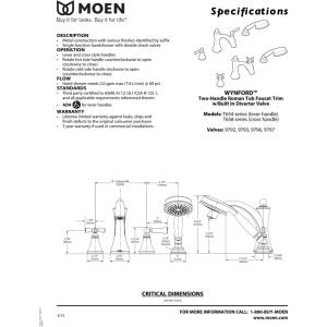 Moen Wynford brushed nickel two-handle roman tub faucet with diverter and handheld shower specifications diagram.
