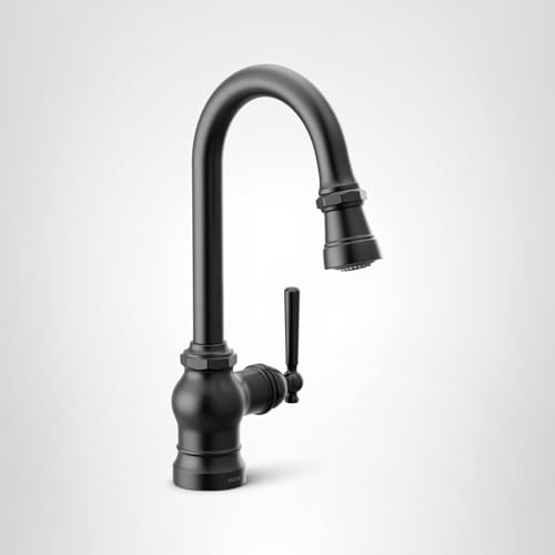 Matte black single-handle pulldown bar faucet with curved spout and flexible spray nozzle.