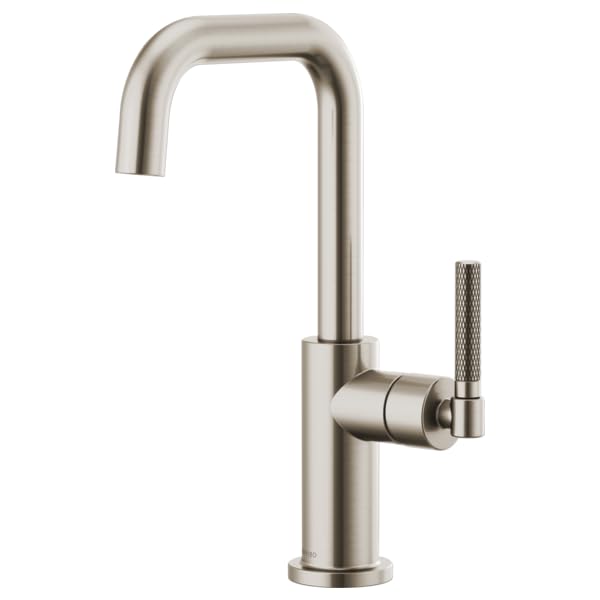 Stainless steel bar faucet with tall curved spout and knurled side handle.