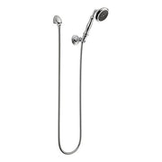 Chrome wall-mounted handshower with curved hose and adjustable holder bracket.