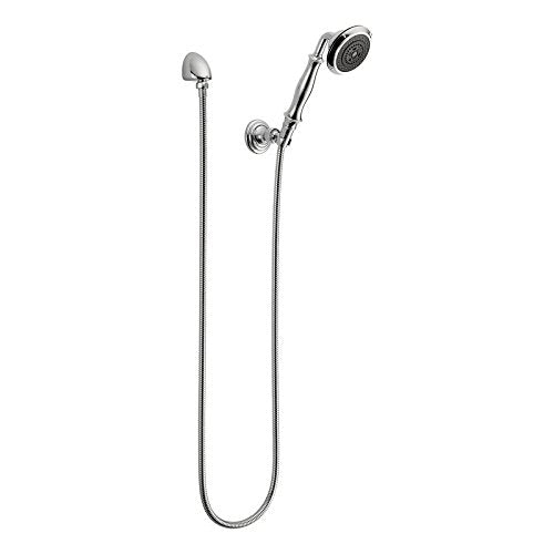 Chrome wall-mounted handshower with curved hose and adjustable holder bracket.